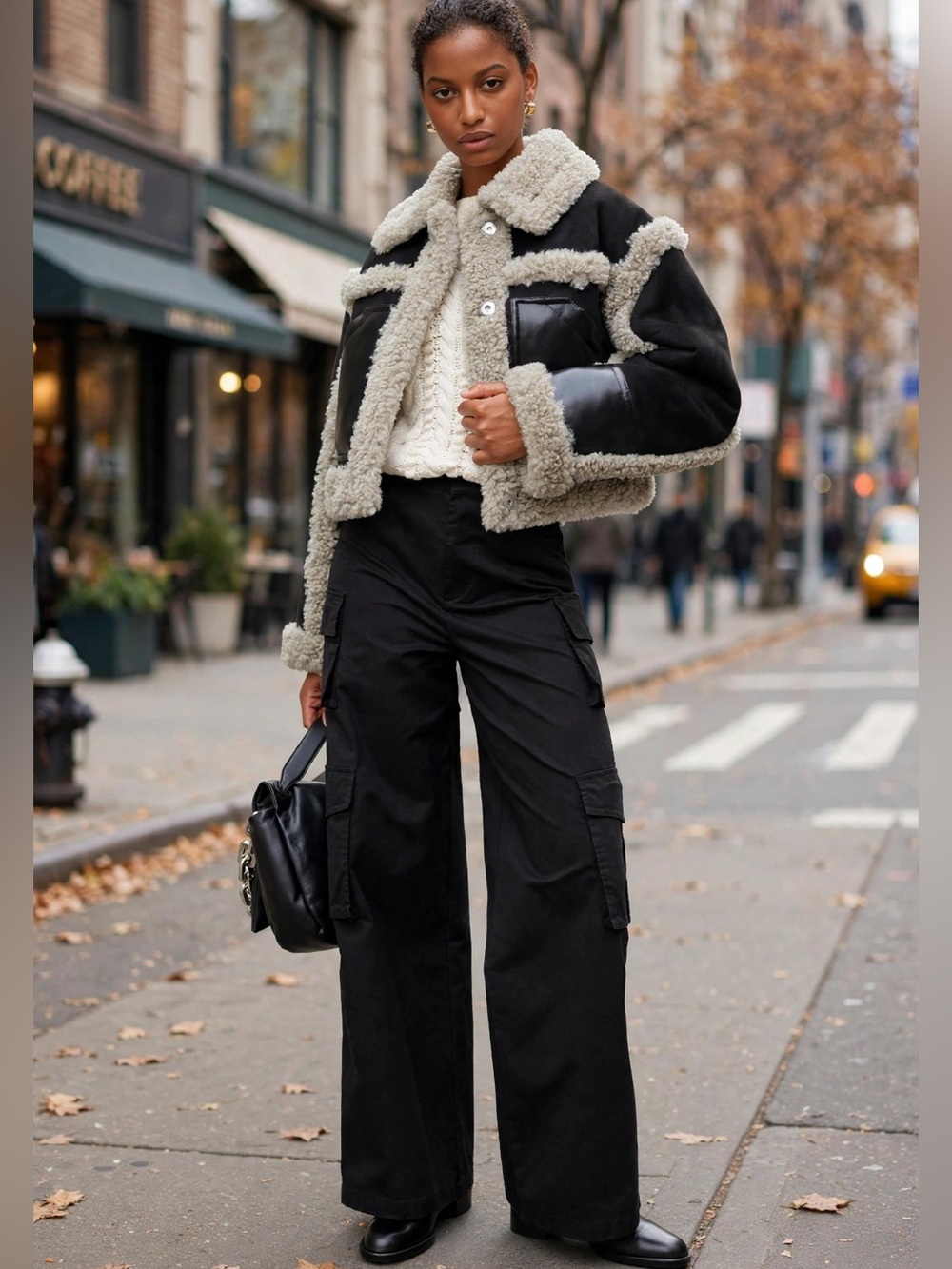 Stand Studio Shearling-Trim Cropped Jacket in Black and Cream FR 38 US 6